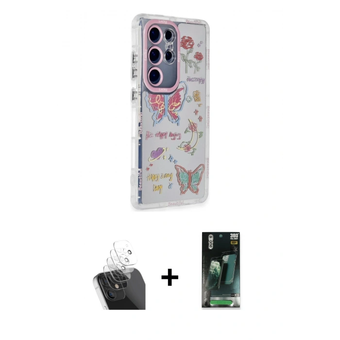 MARSİLYAN™- Galaxy S24 Ultra Kılıf Ahenk Modern Serisi - Siyah 360 Mat Full Body Arka Koruyucu + Kamera Lens Koruma Cam - SF