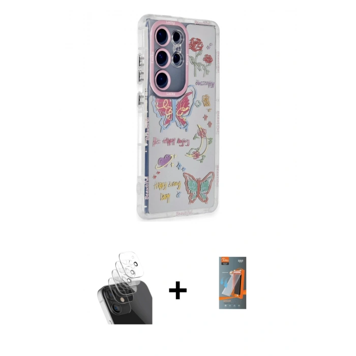 MARSİLYAN™- Galaxy S24 Ultra Kılıf Ahenk Modern Serisi - Siyah AutoKit 5in1 Fiber Hayalet Polymer Nano Ekran Koruyucu + Kamera Lens Koruma Cam - SF