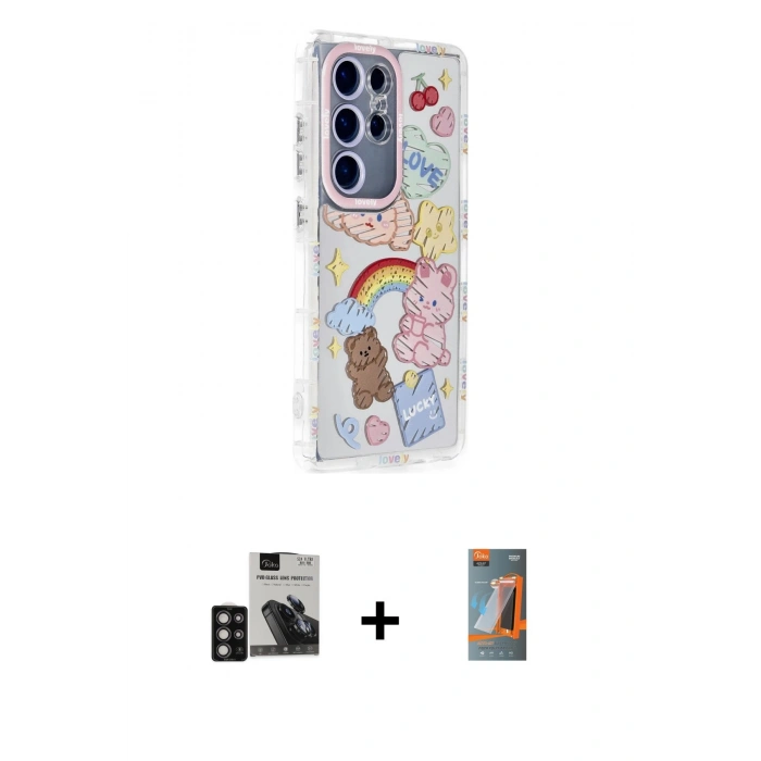 MARSİLYAN™- Galaxy S24 Ultra Kılıf Ahenk Modern Serisi - Siyah AutoKit 5in1 Fiber Hayalet Polymer Nano Ekran Koruyucu + PVD Metal Kamera Lens - DNMR