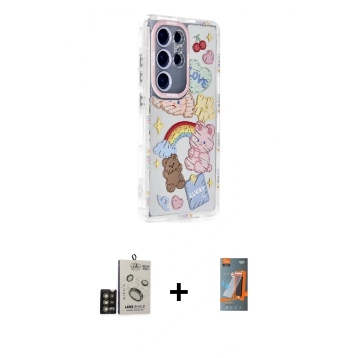 MARSİLYAN™- Galaxy S24 Ultra Kılıf Ahenk Modern Serisi - Siyah AutoKit 5in1 Fiber Hayalet Polymer Nano Ekran Koruyucu + Gold Bilvis Titan Kamera Lens