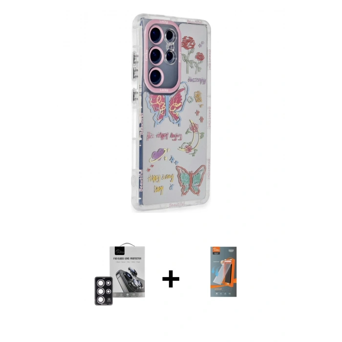MARSİLYAN™- Galaxy S24 Ultra Kılıf Ahenk Modern Serisi - Siyah AutoKit 5in1 Fiber Hayalet Polymer Nano Ekran Koruyucu + PVD Metal Kamera Lens - PE