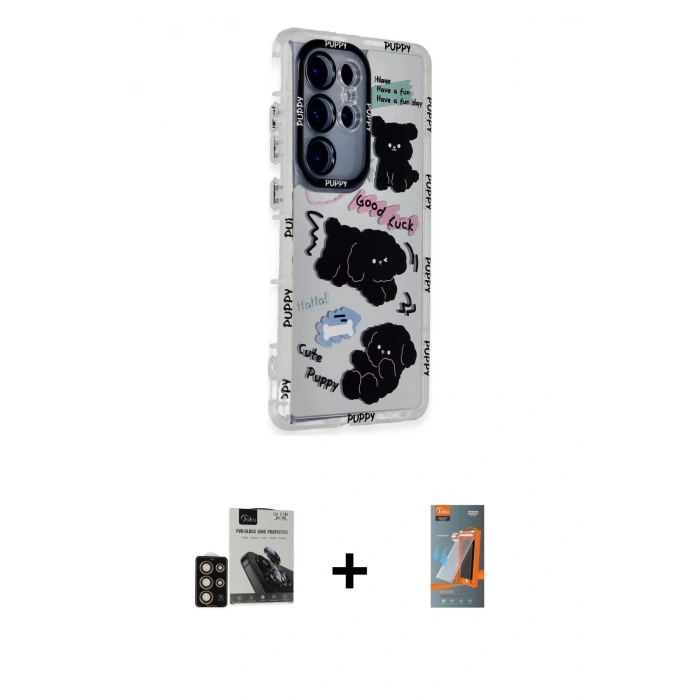MARSİLYAN™- Galaxy S24 Ultra Kılıf Ahenk Modern Serisi - Siyah AutoKit 5in1 Fiber Hayalet Polymer Nano Ekran Koruyucu + PVD Metal Kamera Lens - GD