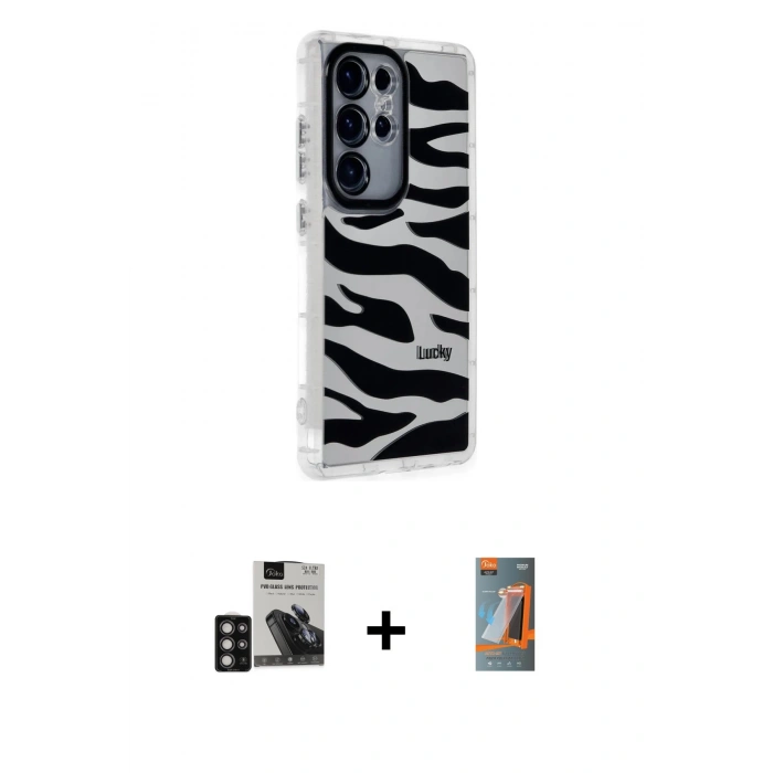 MARSİLYAN™- Galaxy S24 Ultra Kılıf Ahenk Modern Serisi - Siyah AutoKit 5in1 Fiber Hayalet Polymer Nano Ekran Koruyucu + PVD Metal Kamera Lens - DNMR