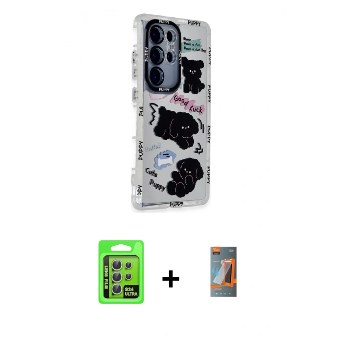 MARSİLYAN™- Galaxy S24 Ultra Kılıf Ahenk Modern Serisi - Siyah AutoKit 5in1 Fiber Hayalet Polymer Nano Ekran Koruyucu + Gümüş Raze Metal Kamera Lens