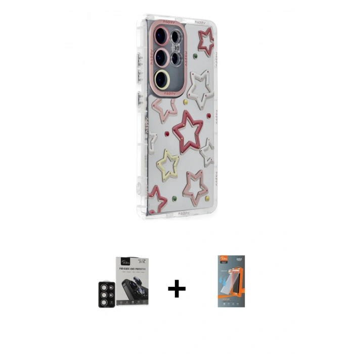 MARSİLYAN™- Galaxy S24 Ultra Kılıf Ahenk Modern Serisi - Siyah AutoKit 5in1 Fiber Hayalet Polymer Nano Ekran Koruyucu + PVD Metal Kamera Lens - DNMR