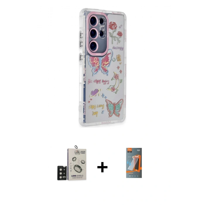 MARSİLYAN™- Galaxy S24 Ultra Kılıf Ahenk Modern Serisi - Siyah AutoKit 5in1 Fiber Hayalet Polymer Nano Ekran Koruyucu + Bilvis Titan Kamera Lens - SH