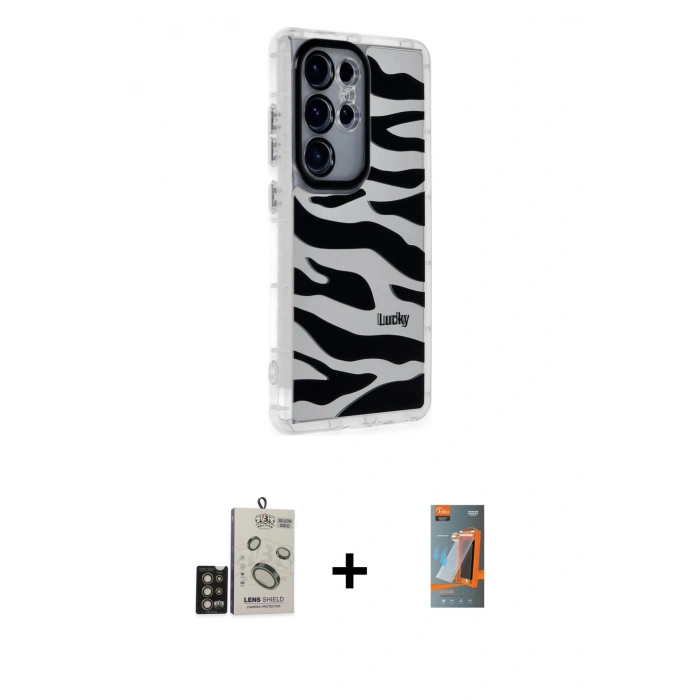 MARSİLYAN™- Galaxy S24 Ultra Kılıf Ahenk Modern Serisi - Siyah AutoKit 5in1 Fiber Hayalet Polymer Nano Ekran Koruyucu + Gold Bilvis Titan Kamera Lens
