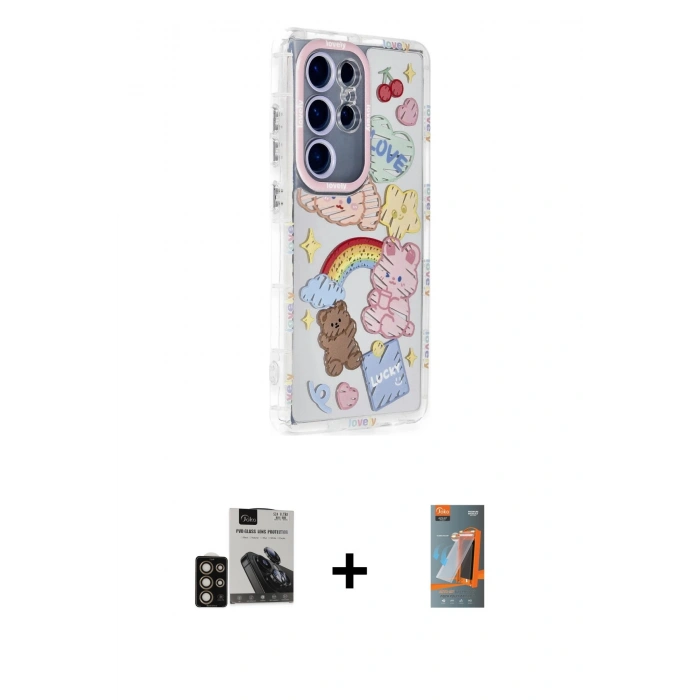 MARSİLYAN™- Galaxy S24 Ultra Kılıf Ahenk Modern Serisi - Siyah AutoKit 5in1 Fiber Hayalet Polymer Nano Ekran Koruyucu + PVD Metal Kamera Lens - GD