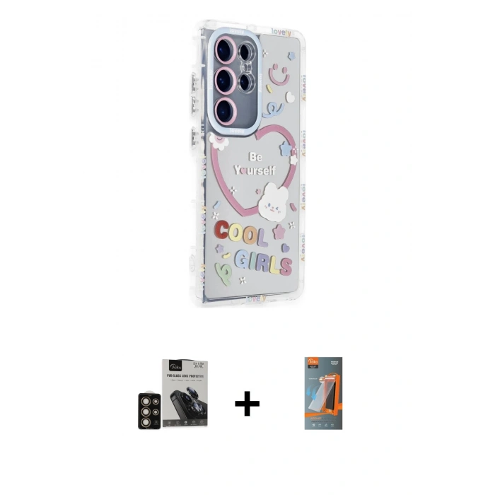 MARSİLYAN™- Galaxy S24 Ultra Kılıf Ahenk Modern Serisi - Siyah AutoKit 5in1 Fiber Hayalet Polymer Nano Ekran Koruyucu + PVD Metal Kamera Lens - GD
