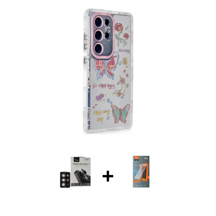 MARSİLYAN™- Galaxy S24 Ultra Kılıf Ahenk Modern Serisi - Siyah AutoKit 5in1 Fiber Hayalet Polymer Nano Ekran Koruyucu + PVD Metal Kamera Lens - DNMR