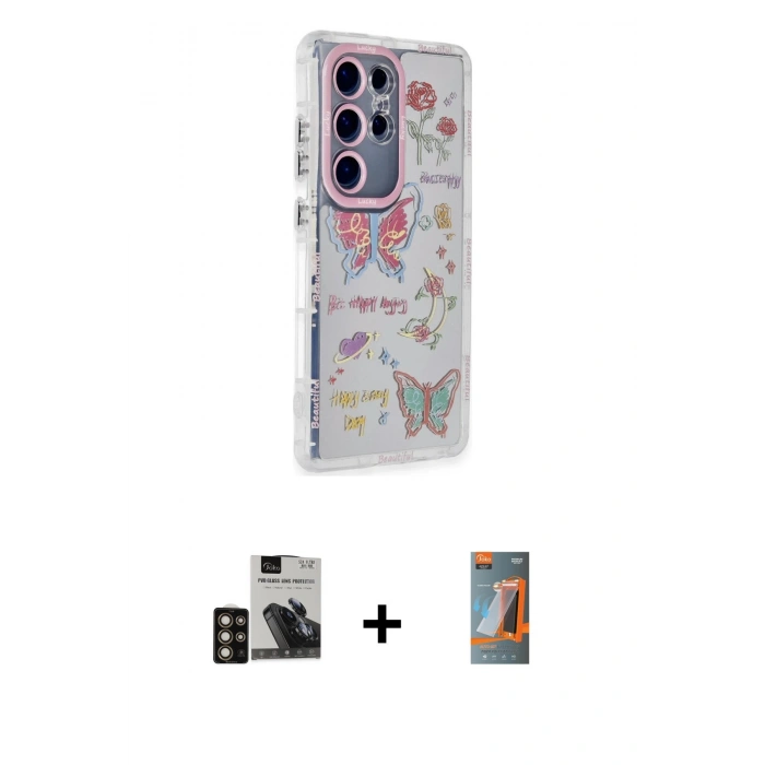 MARSİLYAN™- Galaxy S24 Ultra Kılıf Ahenk Modern Serisi - Siyah AutoKit 5in1 Fiber Hayalet Polymer Nano Ekran Koruyucu + PVD Metal Kamera Lens - GD