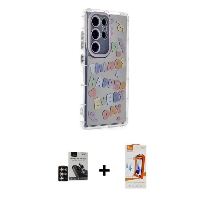 MARSİLYAN™- Galaxy S24 Ultra Kılıf Ahenk Modern Serisi - Siyah AutoKit 5in1 Fiber Polymer Nano Ekran Koruyucu + PVD Metal Kamera Lens - GD