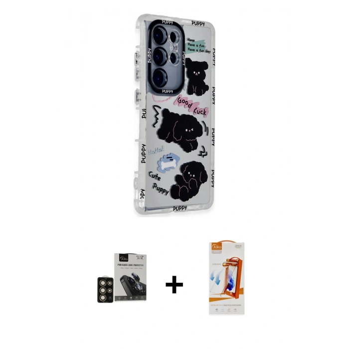 MARSİLYAN™- Galaxy S24 Ultra Kılıf Ahenk Modern Serisi - Siyah AutoKit 5in1 Fiber Polymer Nano Ekran Koruyucu + PVD Metal Kamera Lens - GD
