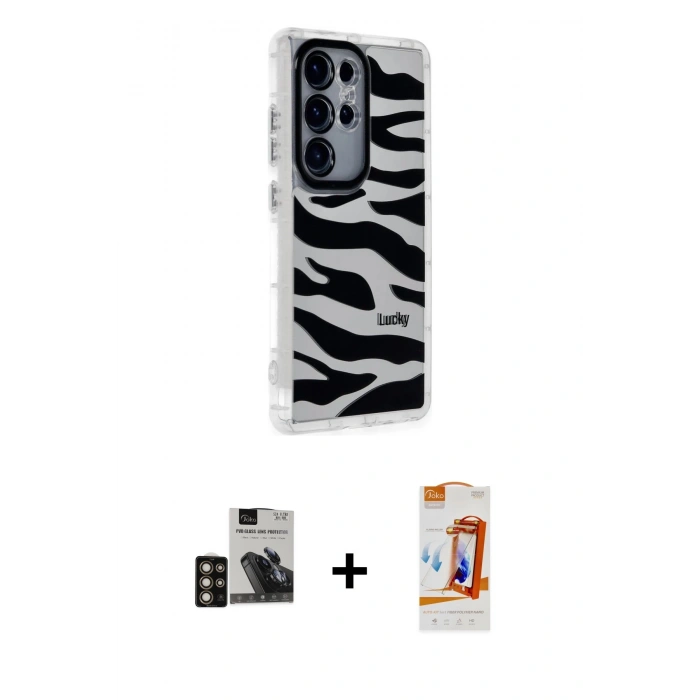 MARSİLYAN™- Galaxy S24 Ultra Kılıf Ahenk Modern Serisi - Siyah AutoKit 5in1 Fiber Polymer Nano Ekran Koruyucu + PVD Metal Kamera Lens - GD