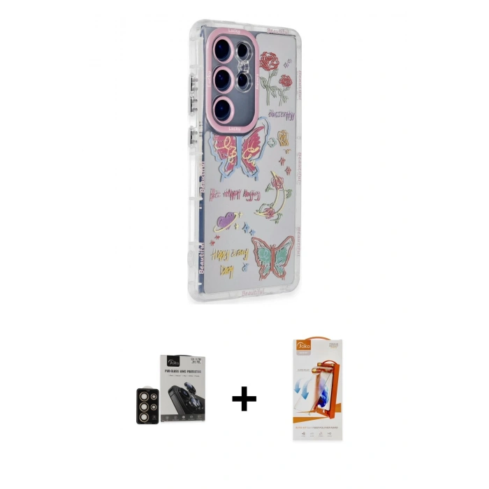 MARSİLYAN™- Galaxy S24 Ultra Kılıf Ahenk Modern Serisi - Siyah AutoKit 5in1 Fiber Polymer Nano Ekran Koruyucu + PVD Metal Kamera Lens - GD