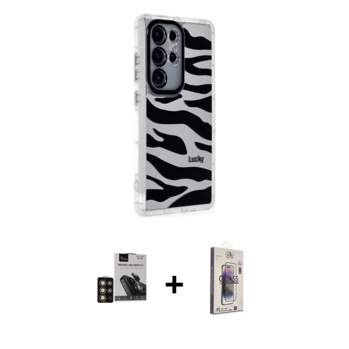 MARSİLYAN™- Galaxy S24 Ultra Kılıf Ahenk Modern Serisi - Siyah Bilvis 3D Cam Ekran Koruyucu + PVD Metal Kamera Lens - GD