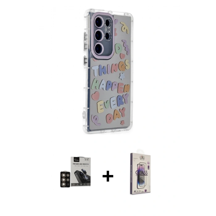 MARSİLYAN™- Galaxy S24 Ultra Kılıf Ahenk Modern Serisi - Siyah Bilvis 3D Cam Ekran Koruyucu + PVD Metal Kamera Lens - GD