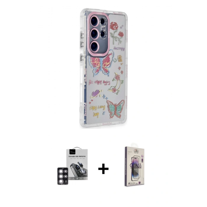 MARSİLYAN™- Galaxy S24 Ultra Kılıf Ahenk Modern Serisi - Siyah Bilvis 3D Cam Ekran Koruyucu + PVD Metal Kamera Lens - PE