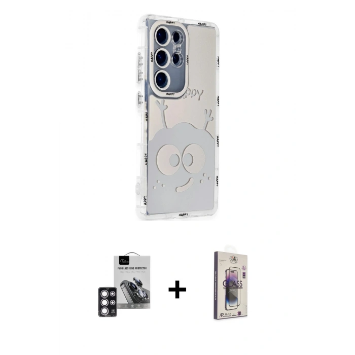 MARSİLYAN™- Galaxy S24 Ultra Kılıf Ahenk Modern Serisi - Siyah Bilvis 3D Cam Ekran Koruyucu + PVD Metal Kamera Lens - PE