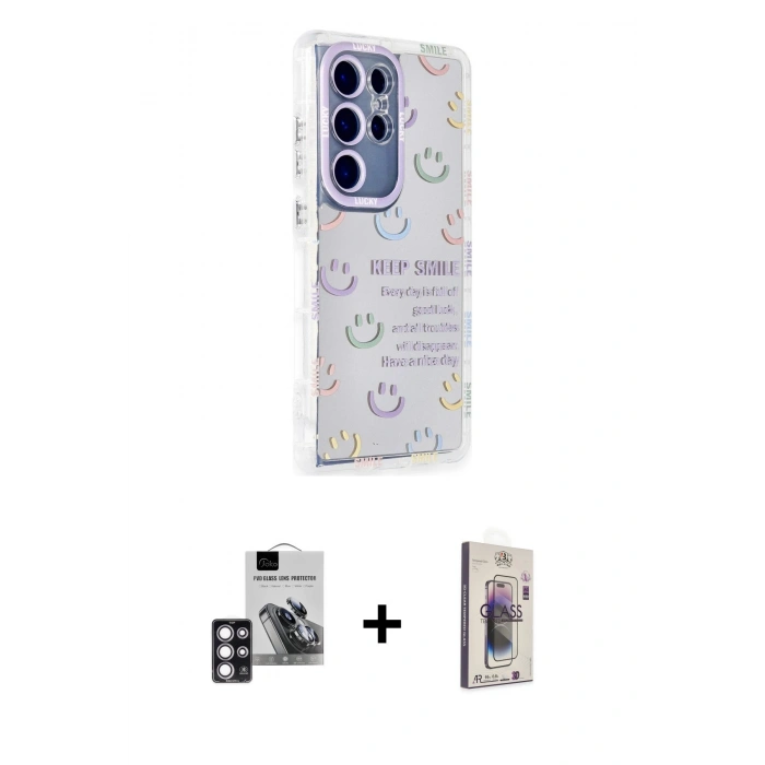 MARSİLYAN™- Galaxy S24 Ultra Kılıf Ahenk Modern Serisi - Siyah Bilvis 3D Cam Ekran Koruyucu + PVD Metal Kamera Lens - PE