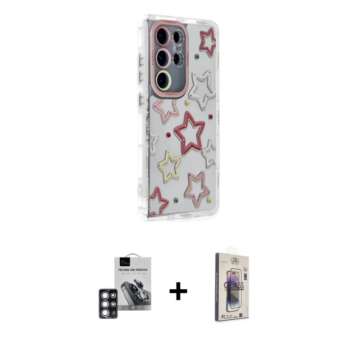 MARSİLYAN™- Galaxy S24 Ultra Kılıf Ahenk Modern Serisi - Siyah Bilvis 3D Cam Ekran Koruyucu + PVD Metal Kamera Lens - PE