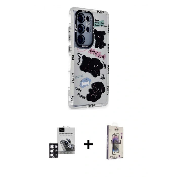MARSİLYAN™- Galaxy S24 Ultra Kılıf Ahenk Modern Serisi - Siyah Bilvis 3D Cam Ekran Koruyucu + PVD Metal Kamera Lens - PE