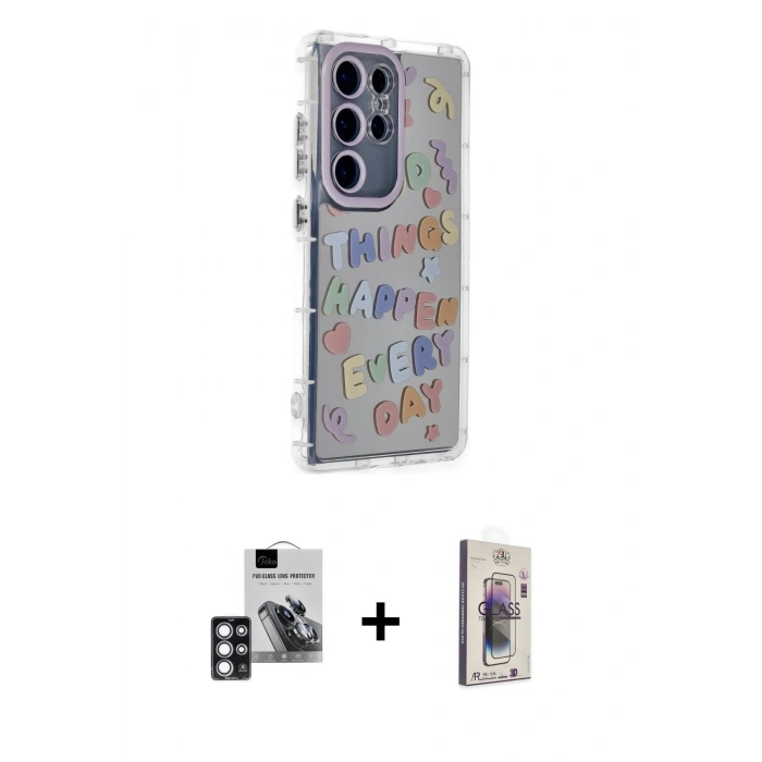MARSİLYAN™- Galaxy S24 Ultra Kılıf Ahenk Modern Serisi - Siyah Bilvis 3D Cam Ekran Koruyucu + PVD Metal Kamera Lens - PE