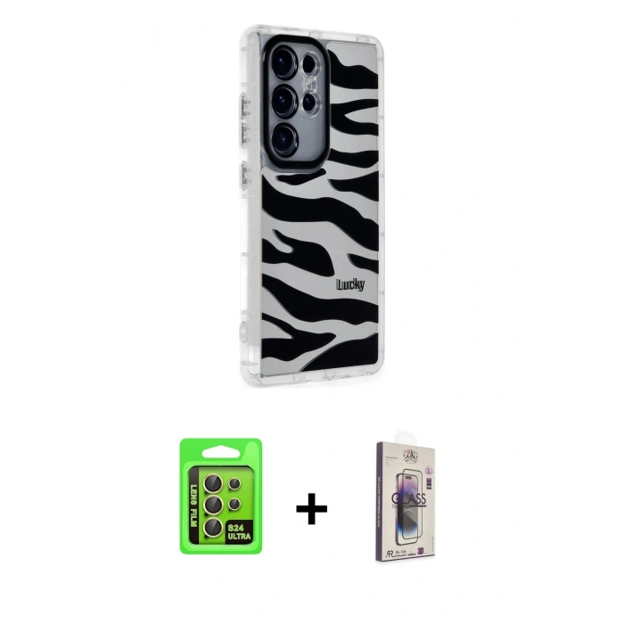 MARSİLYAN™- Galaxy S24 Ultra Kılıf Ahenk Modern Serisi - Siyah Bilvis 3D Cam Ekran Koruyucu + Raze Metal Kamera Lens - SI