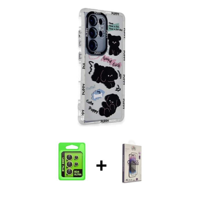 MARSİLYAN™- Galaxy S24 Ultra Kılıf Ahenk Modern Serisi - Siyah Bilvis 3D Cam Ekran Koruyucu + Raze Metal Kamera Lens - SI