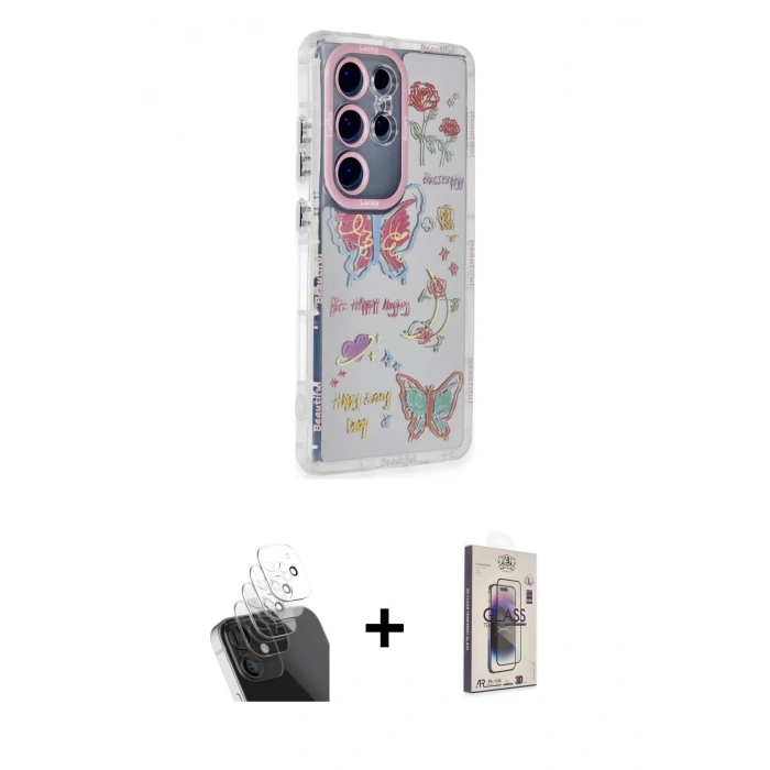 MARSİLYAN™- Galaxy S24 Ultra Kılıf Ahenk Modern Serisi - Siyah Bilvis 3D Cam Ekran Koruyucu + Kamera Lens Koruma Cam - SF