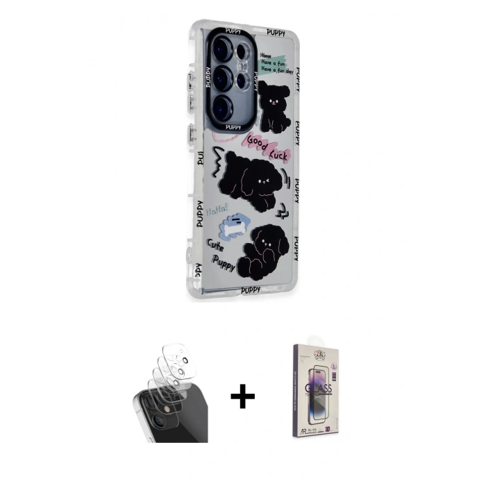 MARSİLYAN™- Galaxy S24 Ultra Kılıf Ahenk Modern Serisi - Siyah Bilvis 3D Cam Ekran Koruyucu + Kamera Lens Koruma Cam - SF