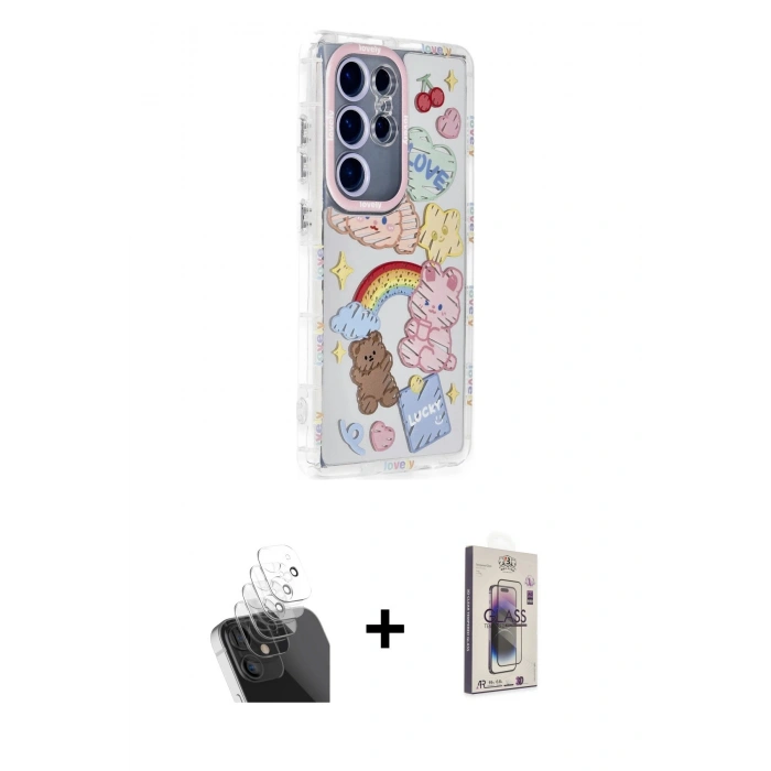 MARSİLYAN™- Galaxy S24 Ultra Kılıf Ahenk Modern Serisi - Siyah Bilvis 3D Cam Ekran Koruyucu + Kamera Lens Koruma Cam - SF