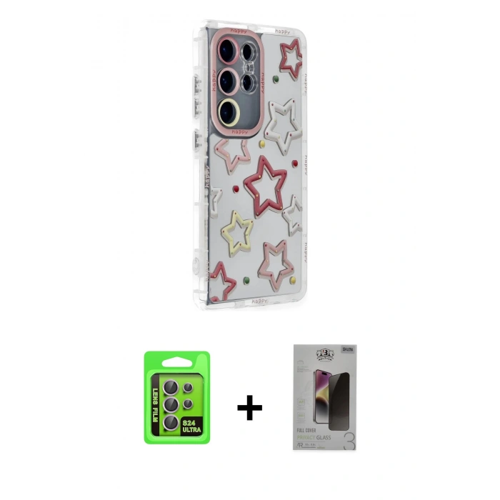MARSİLYAN™- Galaxy S24 Ultra Kılıf Ahenk Modern Serisi - Siyah Bilvis Hayalet Cam Ekran Koruyucu + Raze Metal Kamera Lens - MR