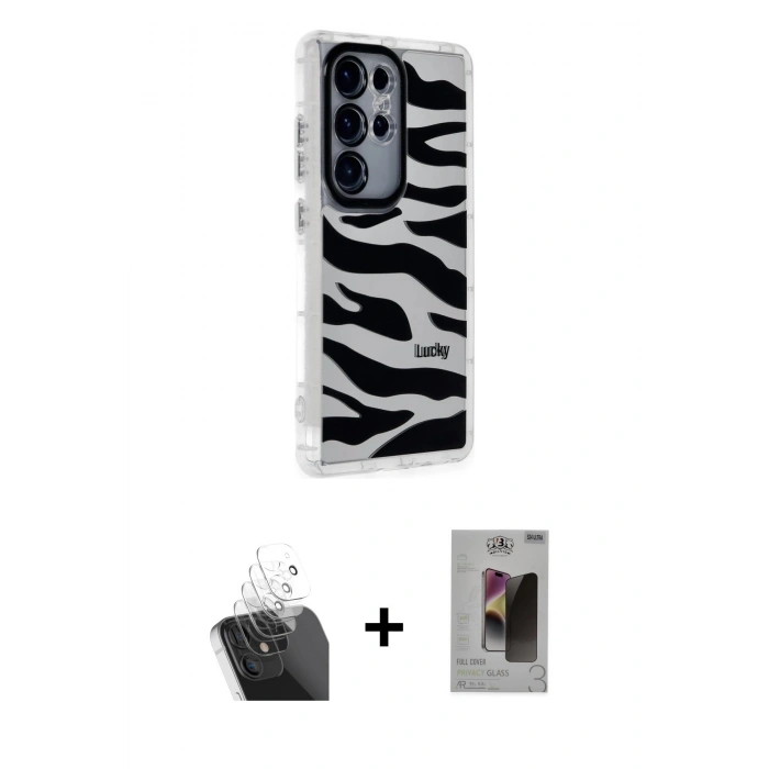 MARSİLYAN™- Galaxy S24 Ultra Kılıf Ahenk Modern Serisi - Siyah Bilvis Hayalet Cam Ekran Koruyucu + Kamera Lens Koruma Cam - SF