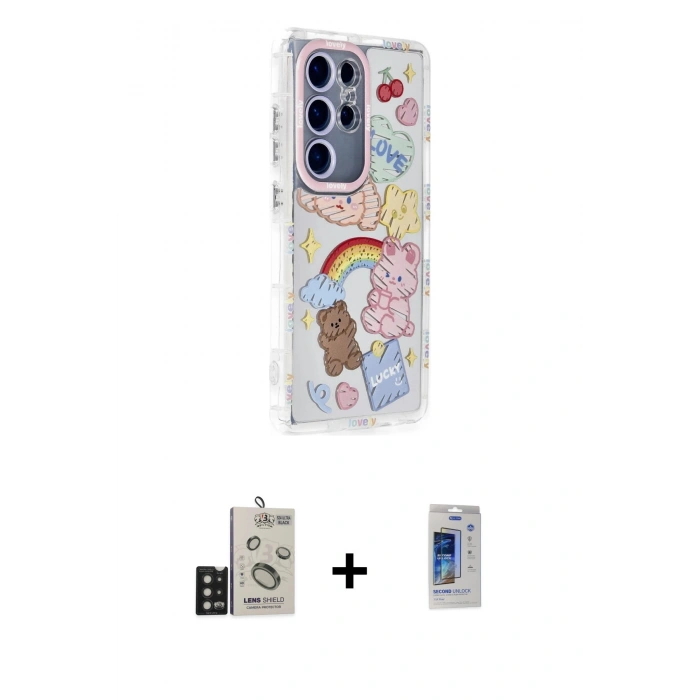 MARSİLYAN™- Galaxy S24 Ultra Kılıf Ahenk Modern Serisi - Siyah Durable Full Glue Curved Cam + Bilvis Titan Kamera Lens - SH