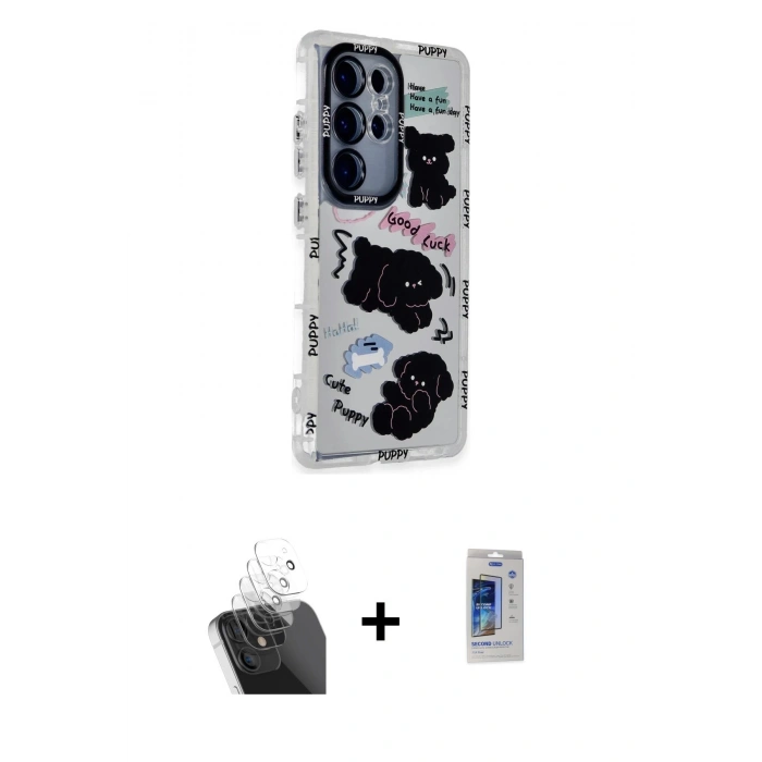 MARSİLYAN™- Galaxy S24 Ultra Kılıf Ahenk Modern Serisi - Siyah Durable Full Glue Curved Cam + Kamera Lens Koruma Cam - SF