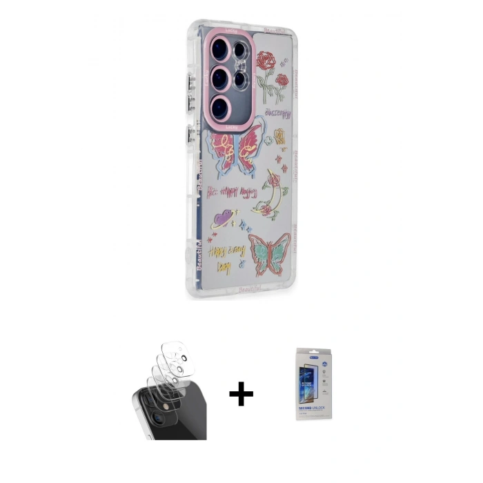 MARSİLYAN™- Galaxy S24 Ultra Kılıf Ahenk Modern Serisi - Siyah Durable Full Glue Curved Cam + Kamera Lens Koruma Cam - SF