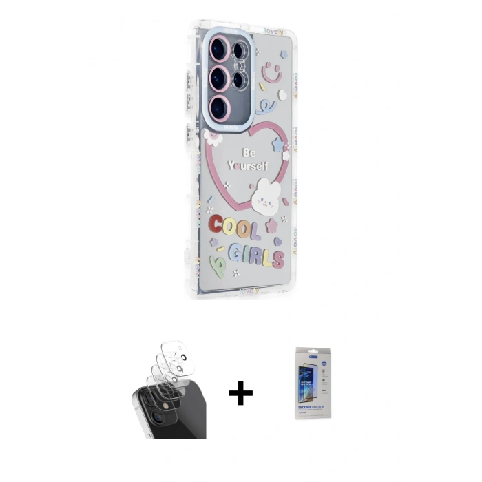 MARSİLYAN™- Galaxy S24 Ultra Kılıf Ahenk Modern Serisi - Siyah Durable Full Glue Curved Cam + Kamera Lens Koruma Cam - SF