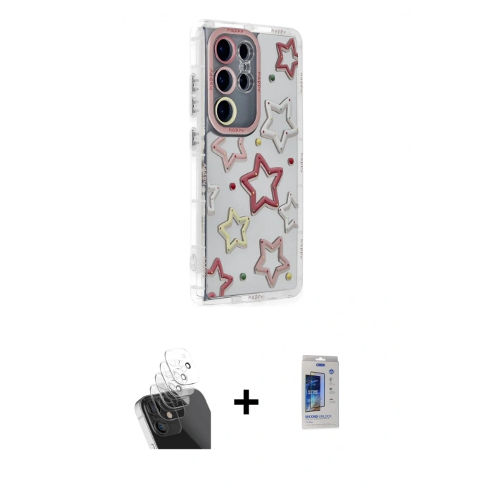 MARSİLYAN™- Galaxy S24 Ultra Kılıf Ahenk Modern Serisi - Siyah Durable Full Glue Curved Cam + Kamera Lens Koruma Cam - SF