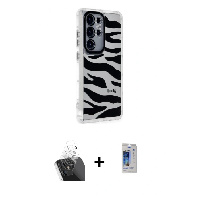 MARSİLYAN™- Galaxy S24 Ultra Kılıf Ahenk Modern Serisi - Siyah Durable Full Glue Curved Cam + Kamera Lens Koruma Cam - SF