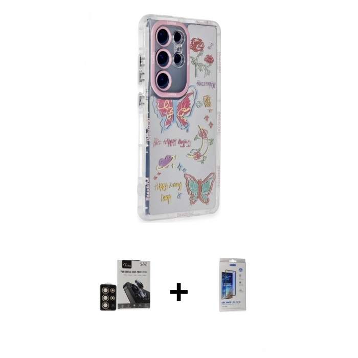 MARSİLYAN™- Galaxy S24 Ultra Kılıf Ahenk Modern Serisi - Siyah Durable Full Glue Curved Cam + PVD Metal Kamera Lens - GD