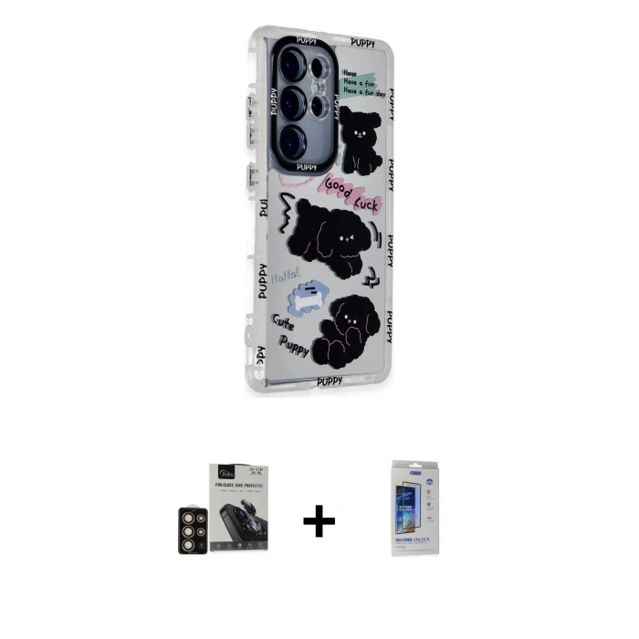MARSİLYAN™- Galaxy S24 Ultra Kılıf Ahenk Modern Serisi - Siyah Durable Full Glue Curved Cam + PVD Metal Kamera Lens - GD