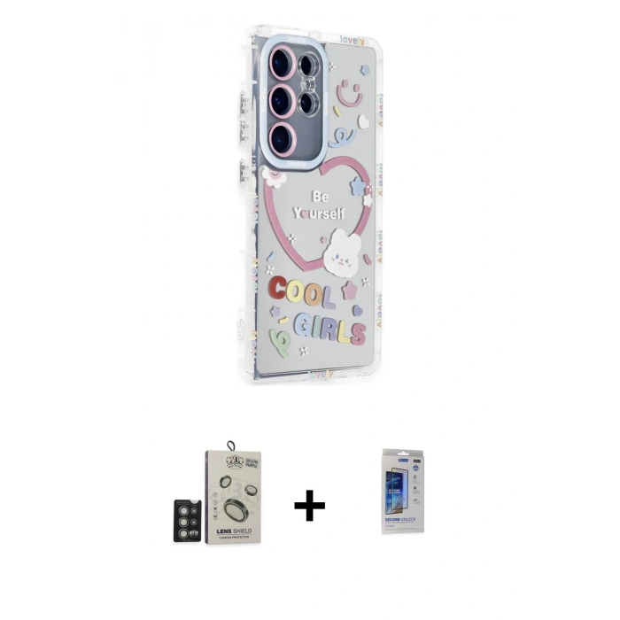 MARSİLYAN™- Galaxy S24 Ultra Kılıf Ahenk Modern Serisi - Siyah Durable Full Glue Curved Hayalet Cam + Bilvis Titan Kamera Lens - DNMR