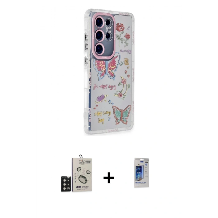 MARSİLYAN™- Galaxy S24 Ultra Kılıf Ahenk Modern Serisi - Siyah Durable Full Glue Curved Hayalet Cam + Bilvis Titan Kamera Lens - SH