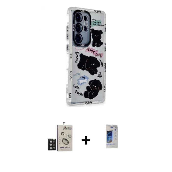 MARSİLYAN™- Galaxy S24 Ultra Kılıf Ahenk Modern Serisi - Siyah Durable Full Glue Curved Hayalet Cam + Bilvis Titan Kamera Lens - DNMR
