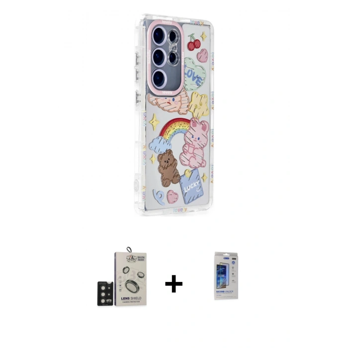 MARSİLYAN™- Galaxy S24 Ultra Kılıf Ahenk Modern Serisi - Siyah Durable Full Glue Curved Hayalet Cam + Bilvis Titan Kamera Lens - SH