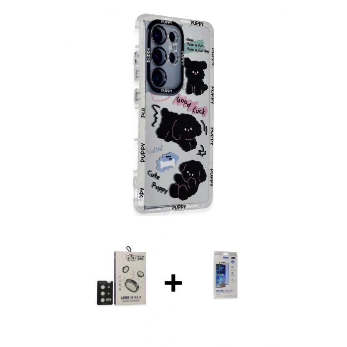MARSİLYAN™- Galaxy S24 Ultra Kılıf Ahenk Modern Serisi - Siyah Durable Full Glue Curved Hayalet Cam + Bilvis Titan Kamera Lens - SH