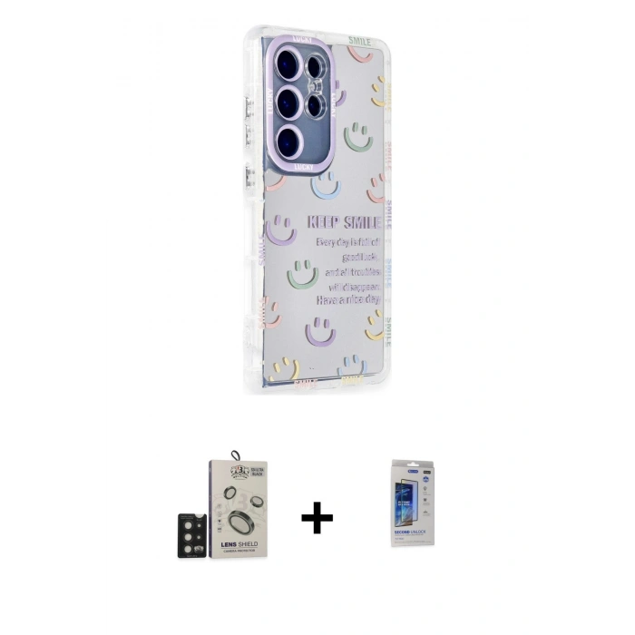 MARSİLYAN™- Galaxy S24 Ultra Kılıf Ahenk Modern Serisi - Siyah Durable Full Glue Curved Hayalet Cam + Bilvis Titan Kamera Lens - SH
