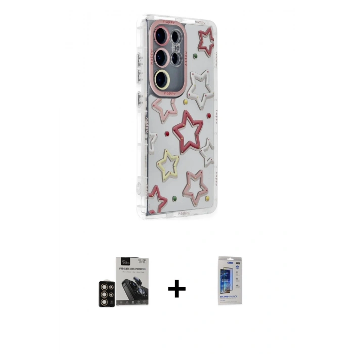MARSİLYAN™- Galaxy S24 Ultra Kılıf Ahenk Modern Serisi - Siyah Durable Full Glue Curved Hayalet Cam + PVD Metal Kamera Lens - GD