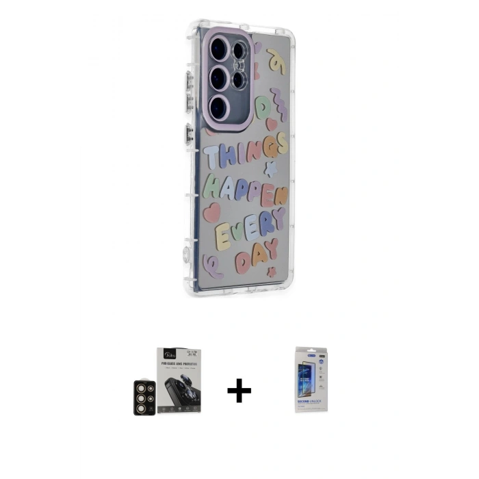 MARSİLYAN™- Galaxy S24 Ultra Kılıf Ahenk Modern Serisi - Siyah Durable Full Glue Curved Hayalet Cam + PVD Metal Kamera Lens - GD